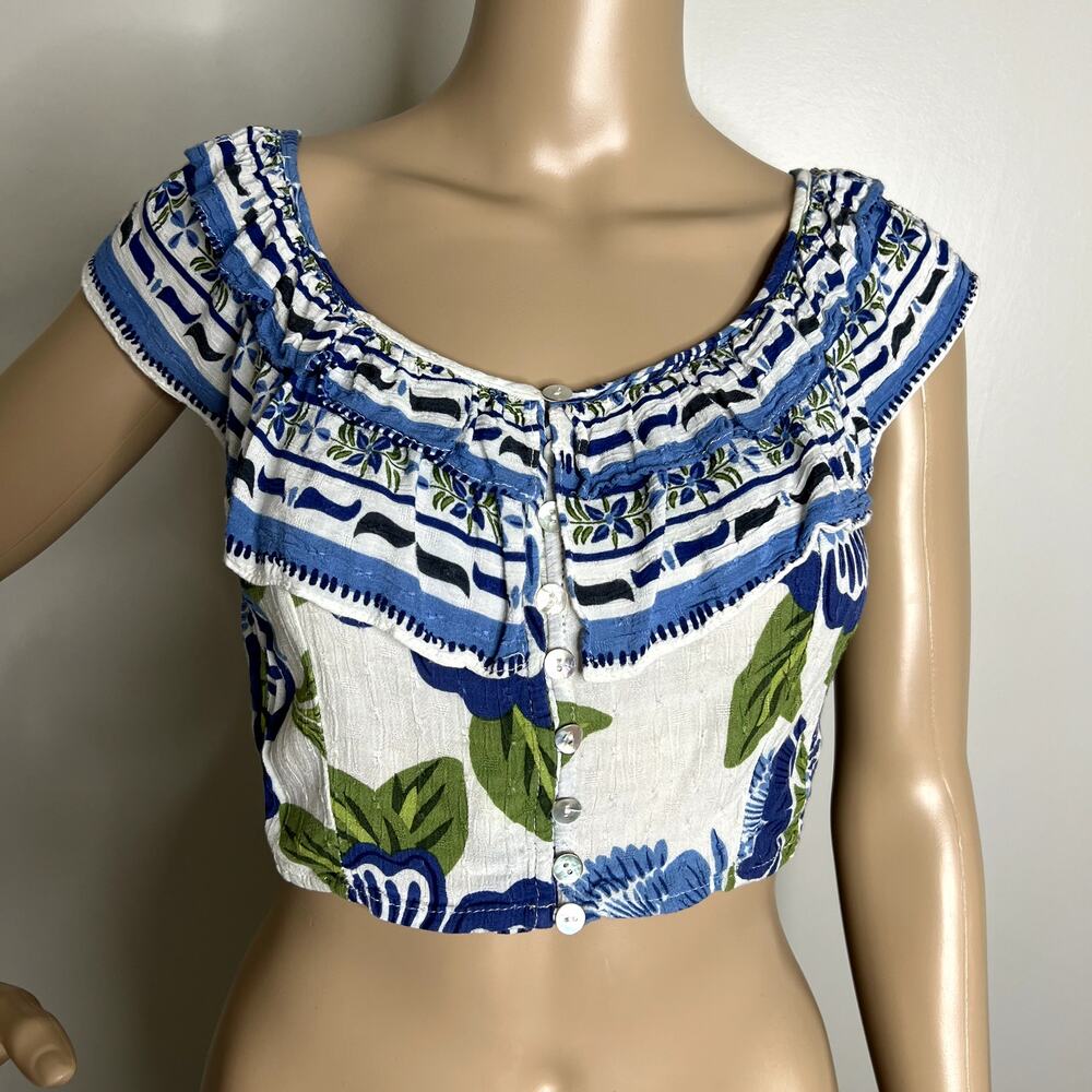 Rachel Zoe Blue White Floral Print Ruffle Crop Top